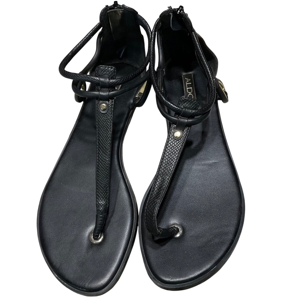 Aldo Gladiator Sandals Women Black Snakeskin T-Strap Ankle Zip Gold Hardware